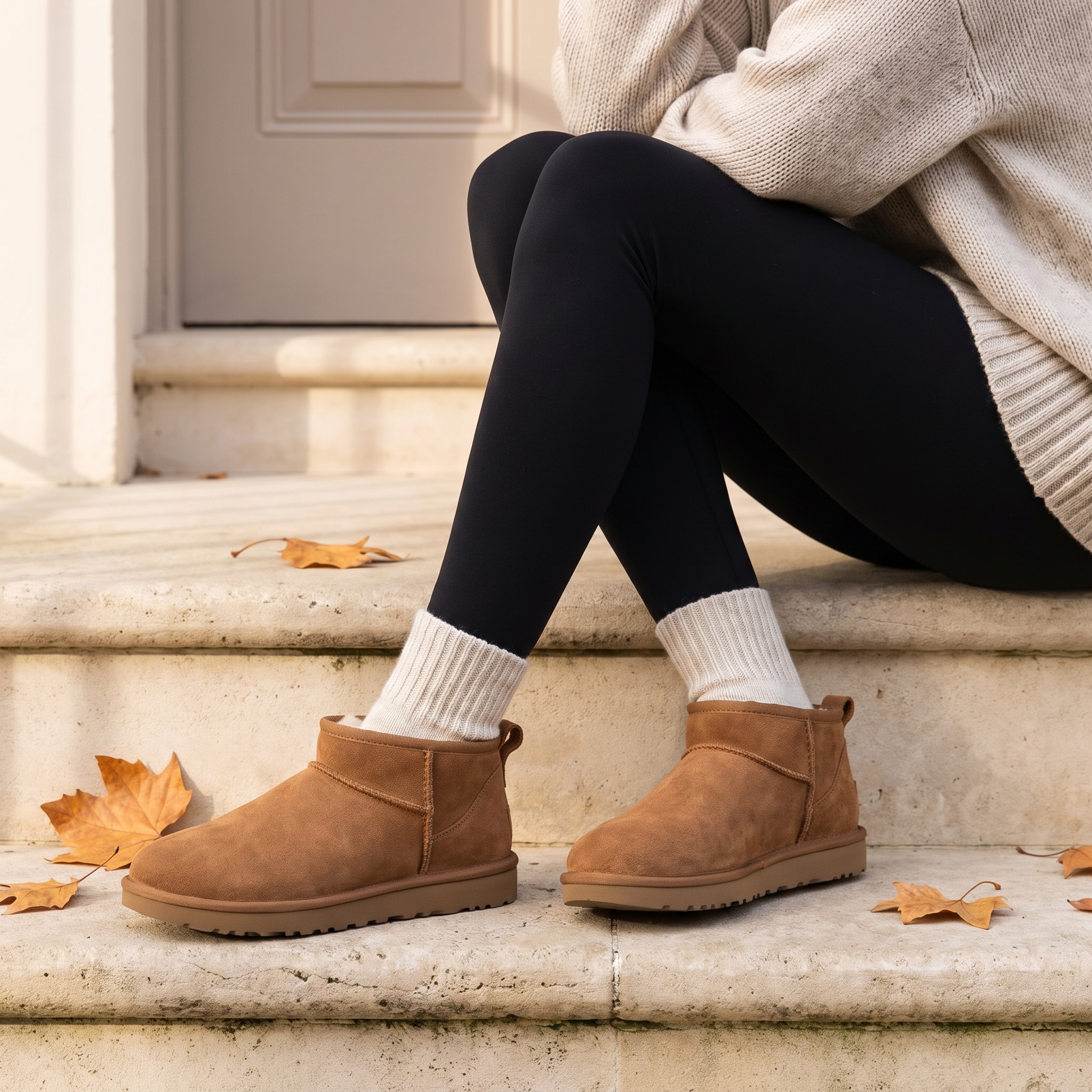Cream CURVD Cozy Fall Slouch Socks styled with black leggings and tan suede boots