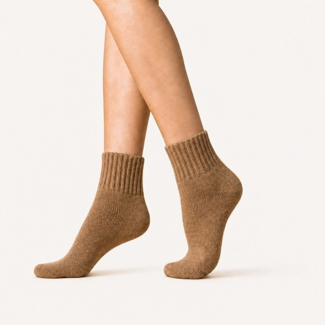 CURVD Cozy Fall Slouch Socks in Camel, worn to show the fit
