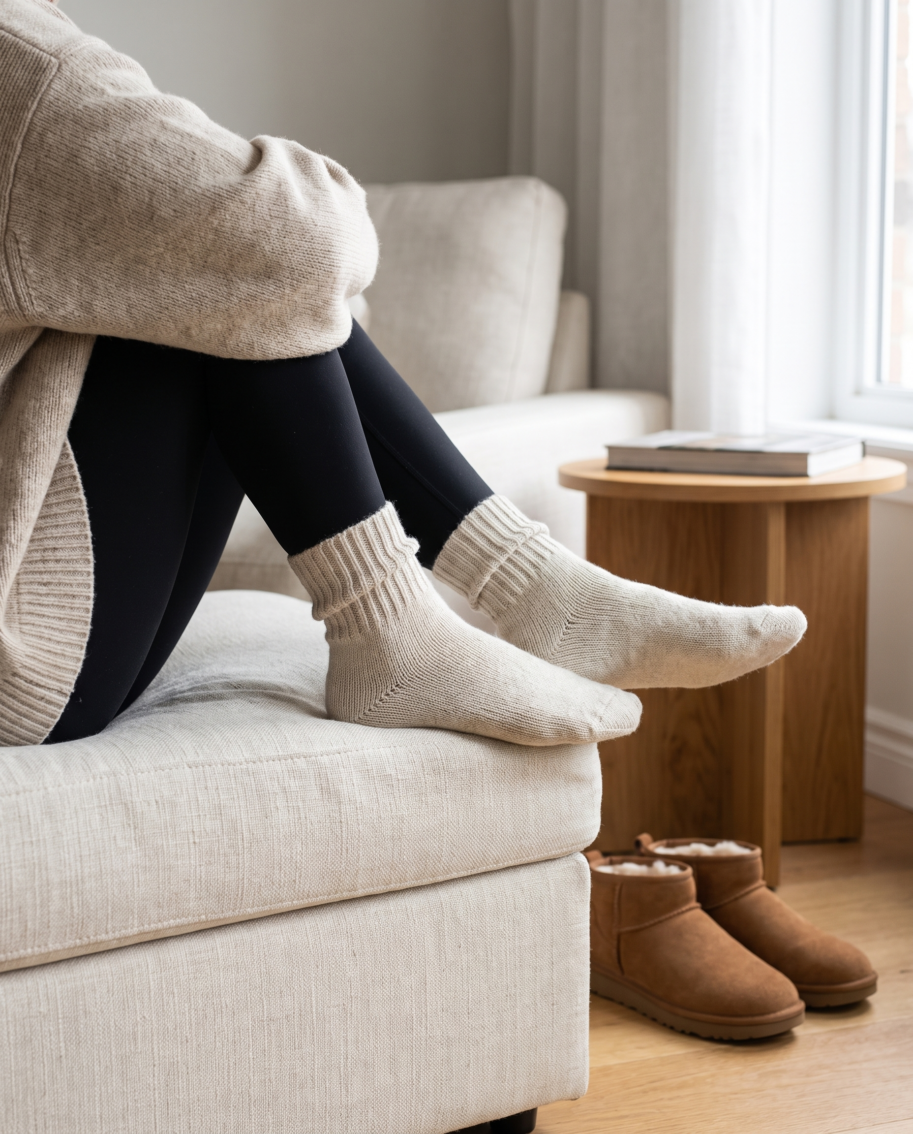 Cream CURVD socks with black leggings and cozy knitwear at home