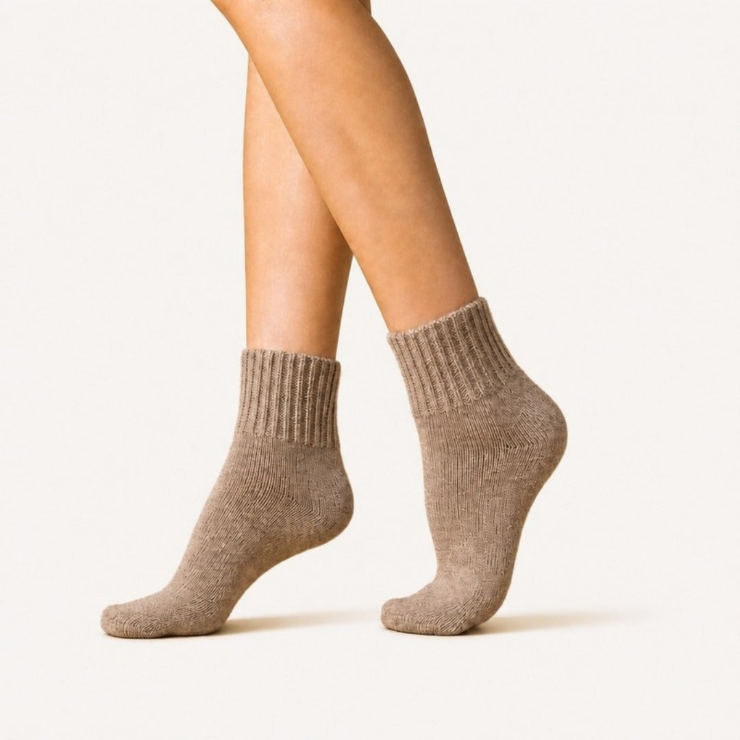 CURVD Cozy Fall Slouch Socks in Taupe, worn to show the fit