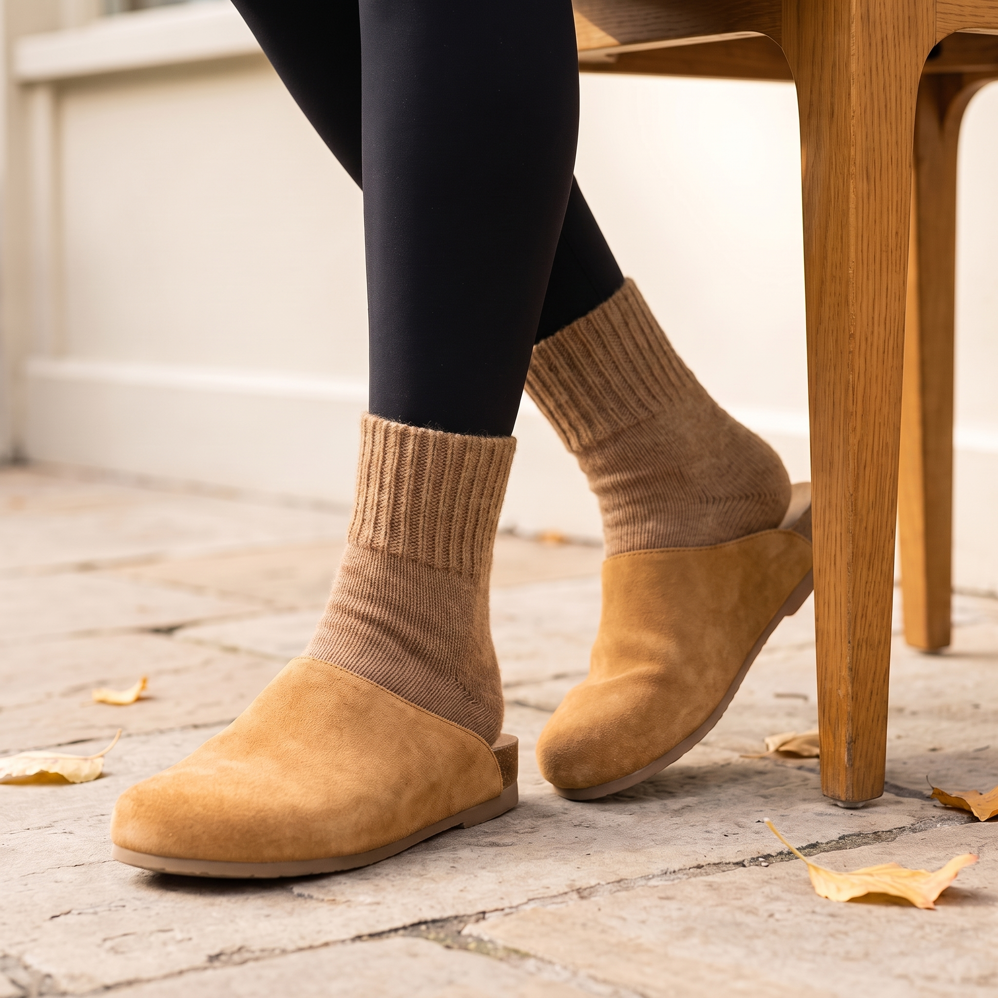 Camel CURVD Cozy Fall Slouch Socks styled with black leggings and tan suede clogs.