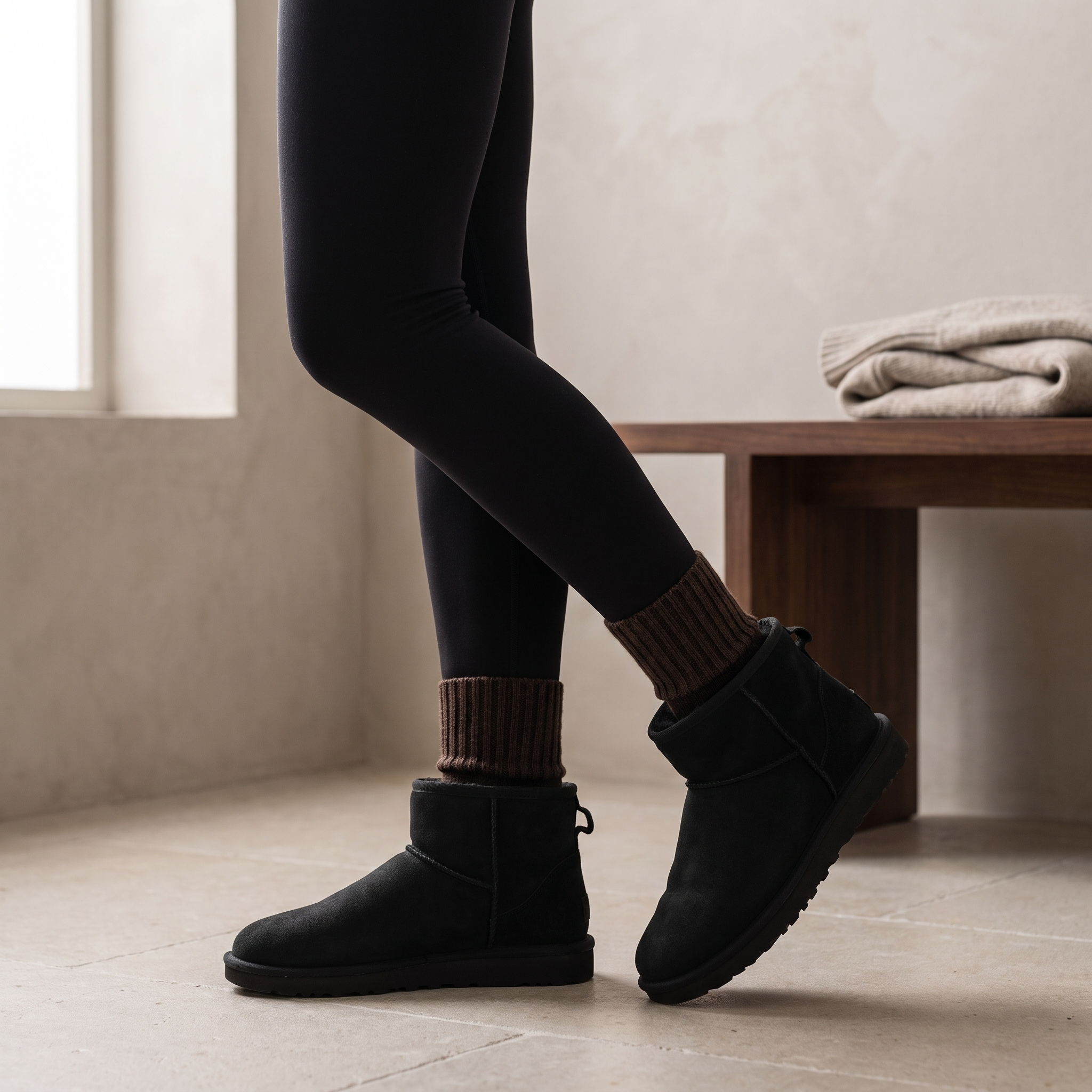 Espresso CURVD Cozy Fall Slouch Socks styled with black leggings and charcoal suede ankle boots.