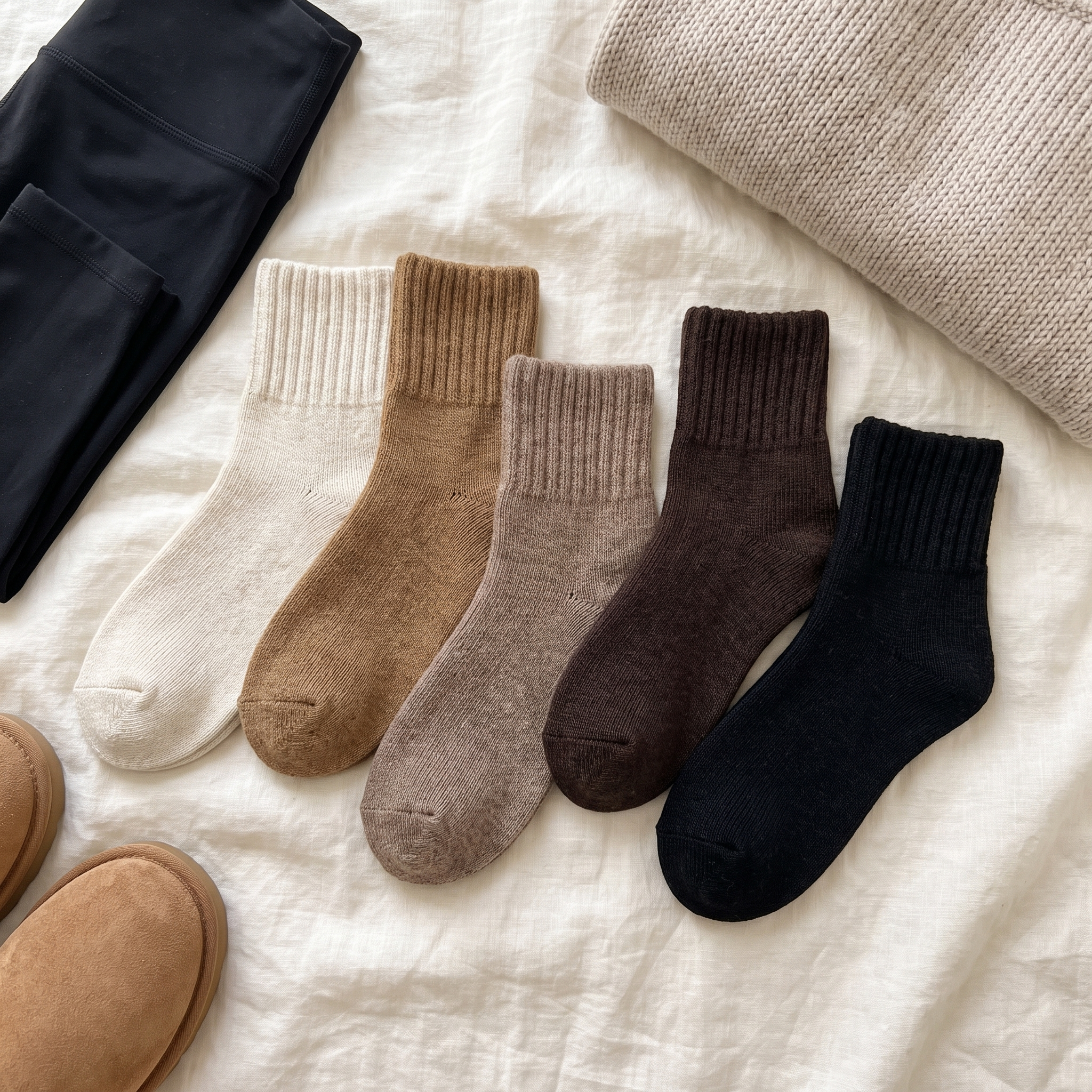 Five neutral CURVD sock colors arranged with black leggings, oatmeal knitwear and suede boots.